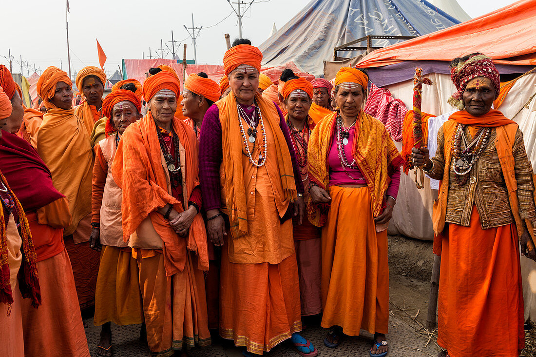 Sadhvi in orange red saree during Allahabad Kumbh Mela, World's largest religious gathering, Allahabad, Uttar Pradesh, India, Asia