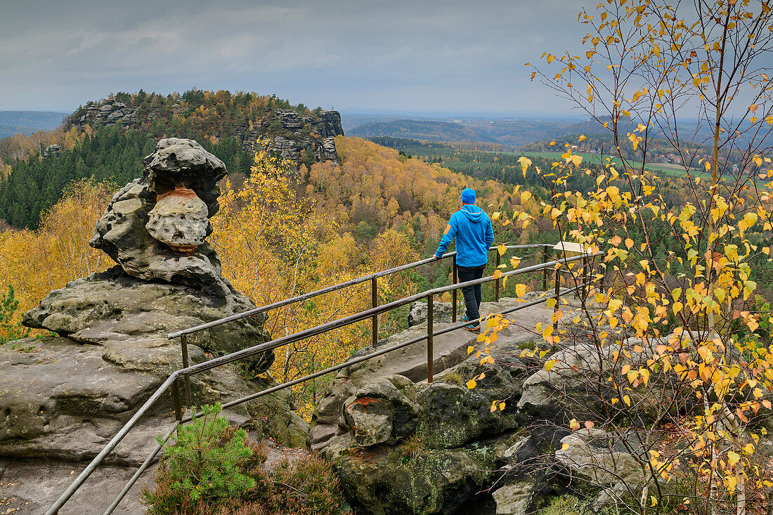 Man stands on rock tower and looks to the Gohrisch, Papststein, Elbe Sandstone Mountains, Saxon Switzerland National Park, Saxon Switzerland, Saxony, Germany