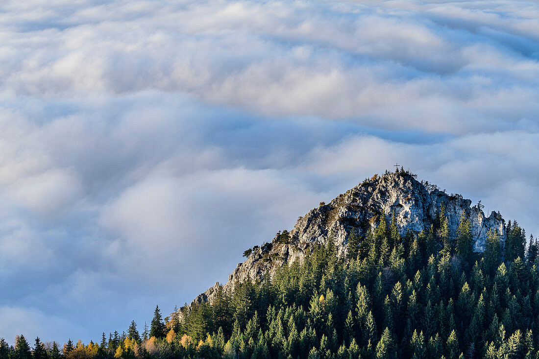 Felsgipfel mit Kreuz überragt Nebelmeer, Heuberg, Chiemgauer Alpen, Chiemgau, Oberbayern, Bayern, Deutschland
