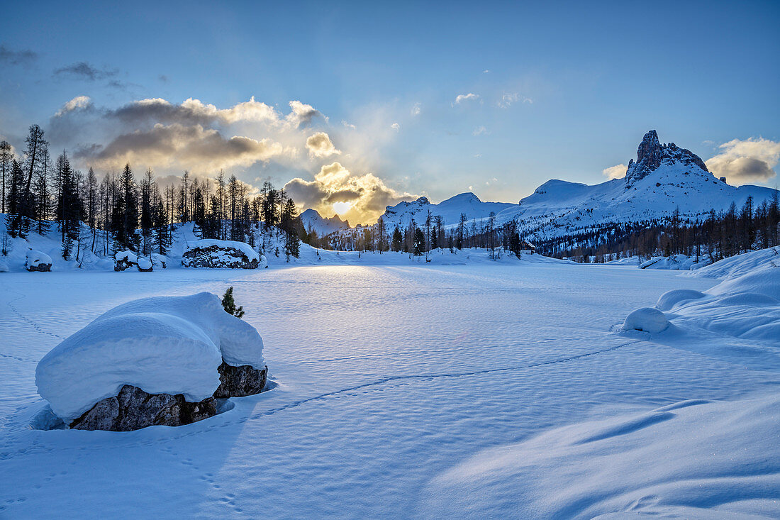 Snow-covered Lago Federa and Becco di Mezzodi, Dolomites, Dolomites World Heritage Site, South Tyrol, Italy