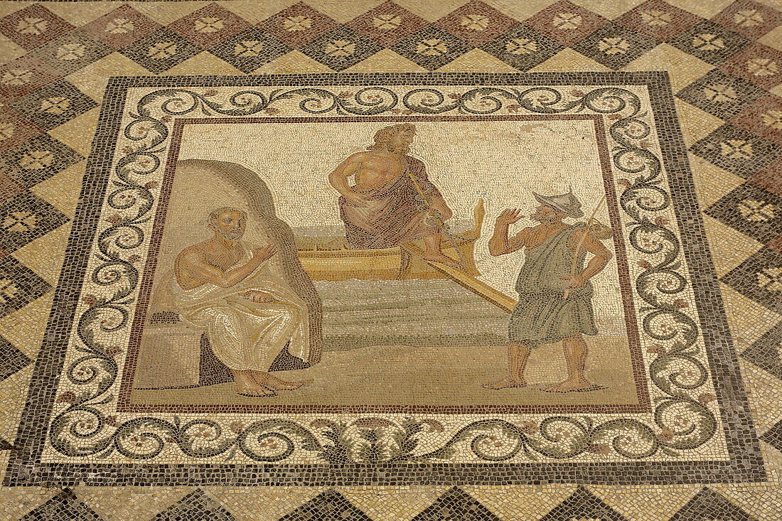 Mosaic with picture of the arrival of Hypocrates, Archaeological Museum, Kos Town, Kos Island, Dodecanese