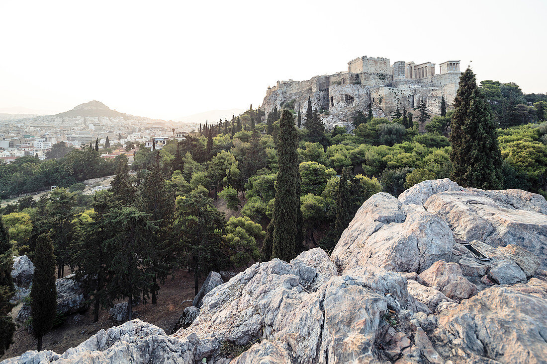Morning view from Areopag, Marsh? Over Athens to Mount Lycabettus and Acropolis, Athens Greece