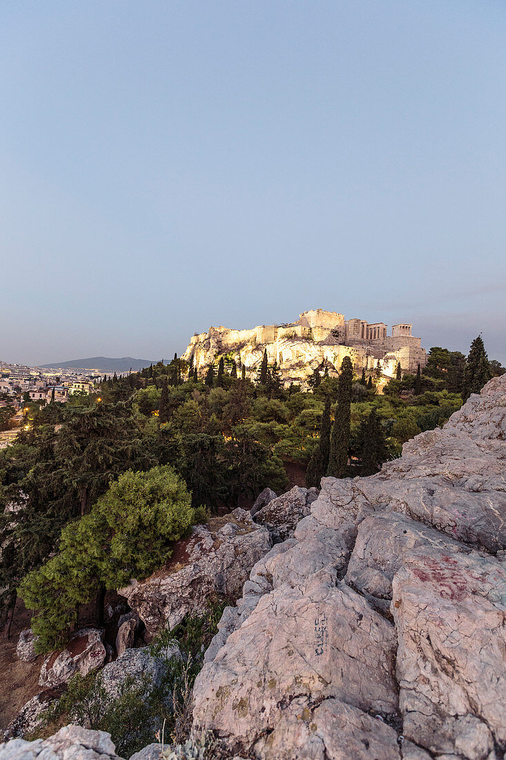 Abendstimmung am Areopag, Marshügel, mit Blick zur Akropolis, Athen, Griechenland