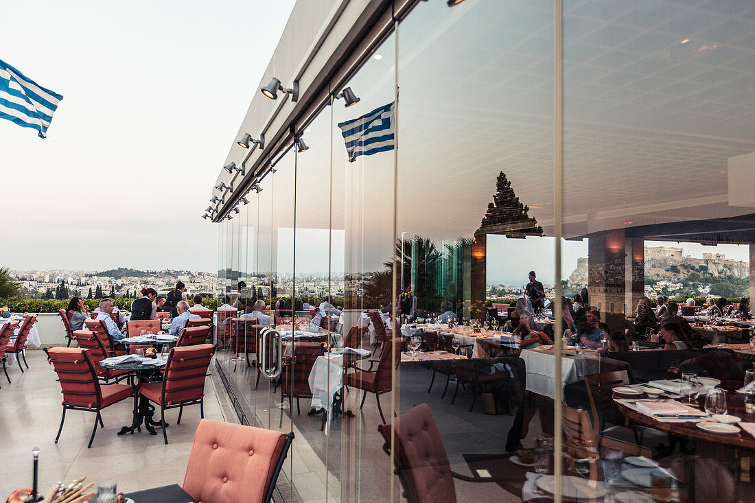 Roof terrace of the Hotel Grande Bretagne in Syntagma Square, on the right the Acropolis, Athens, Greece