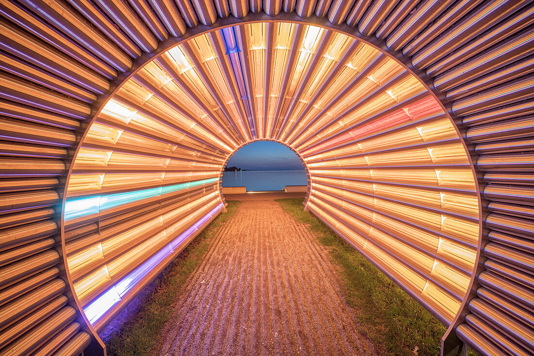 Light installation light tunnel by Gerry Ammann on the waterfront at Lake Constance, Bregenz, Vorarlberg, Western Austria, Austria, Europe