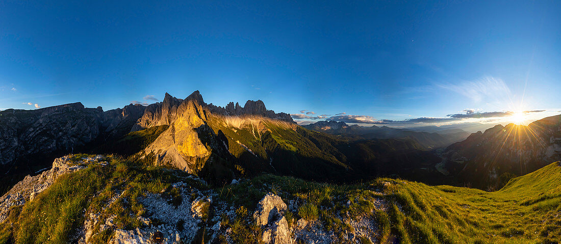 From Söllnspitz, view of the evening light of the Rosengarten group, UNESCO World Natural Heritage, in the South Triol Dolomites, Tiersertal, Italy