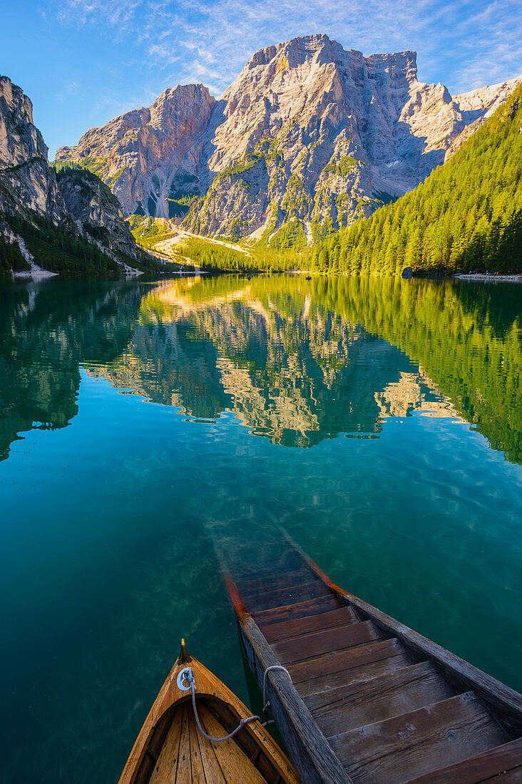 Lake Braies, natural monument and UNESCO World Heritage Site in the Braies Valley, South Tyrol, Italy