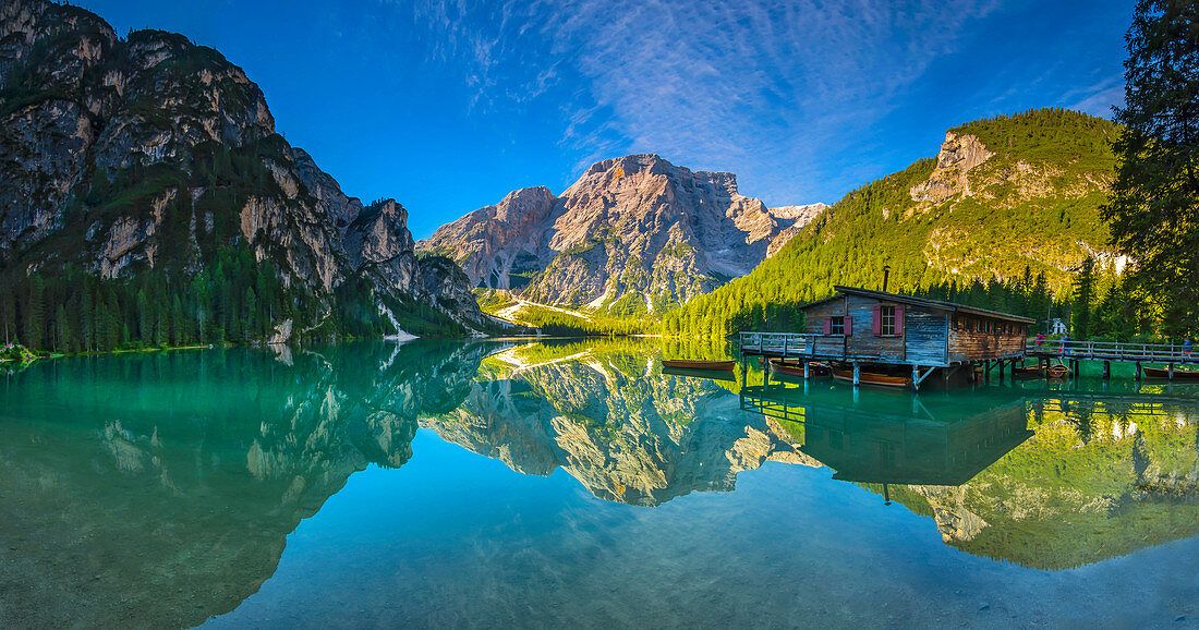 Lake Braies, natural monument and UNESCO World Heritage Site in the Braies Valley, South Tyrol, Italy