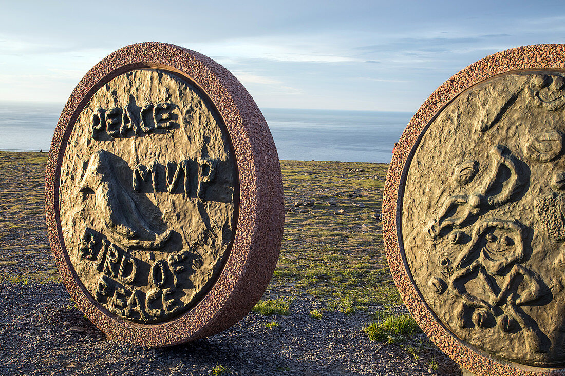 BIRD OF PEACE, CHILDREN OF THE WORLD SCULPTURE, MONUMENT FOR PEACE, TOWN OF NORDKAPP, FINNMARK, ARCTIC OCEAN, NORWAY