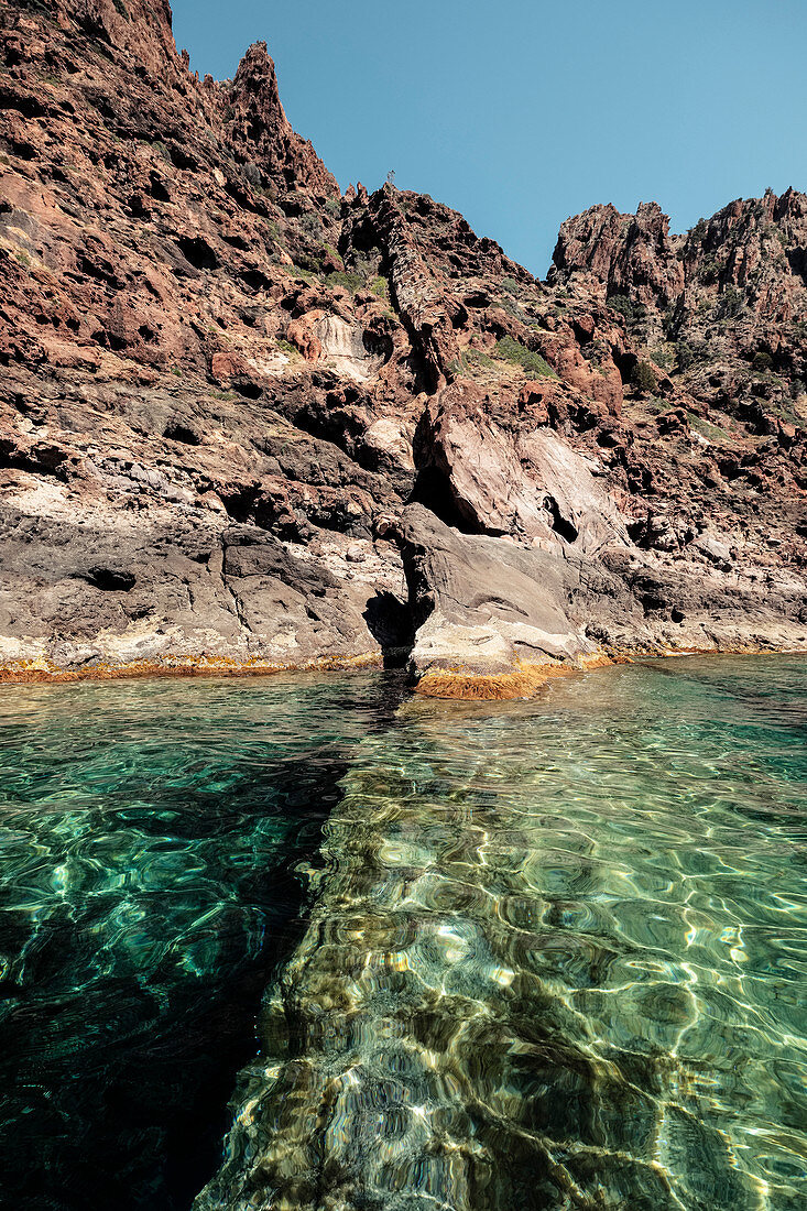 The fascinating, rugged volcanic rock in the Scandola Nature Reserve, Galeria, Calvi, Corsica, France
