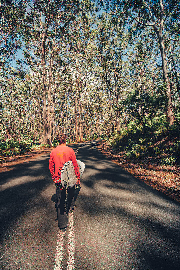 Surfer geht im Boranup Forest in Margaret River, Westaustralien, Australien, Ozeanien