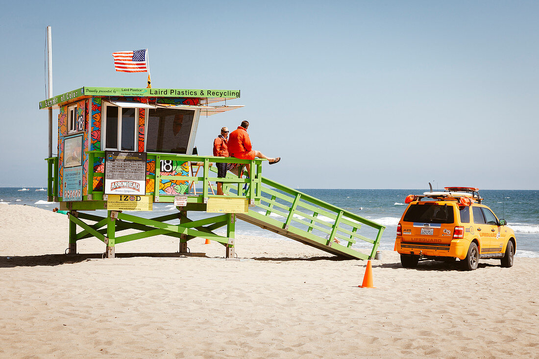 Lifeguards on Santa Monica Beach, Los Angeles, California, USA