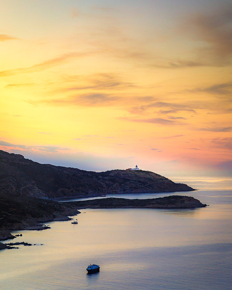 View of the La Revellata peninsula at Calvi in the evening light, Corsica, France