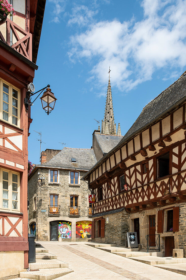 Half-timbered house on the Place de la Congregation in the old town, Josselin, Dept. Morbihan, Brittany, France, Europe