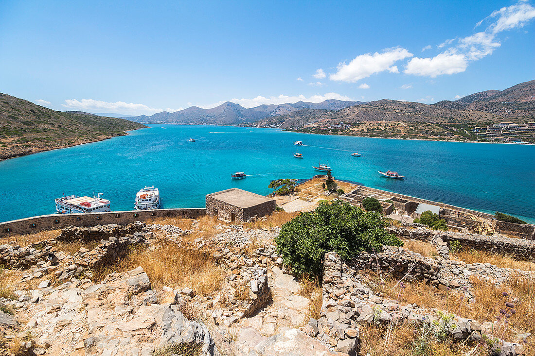 View from south bastion to sea, Spinalonga, island of lepers, Plaka, northeastern Crete, Greece