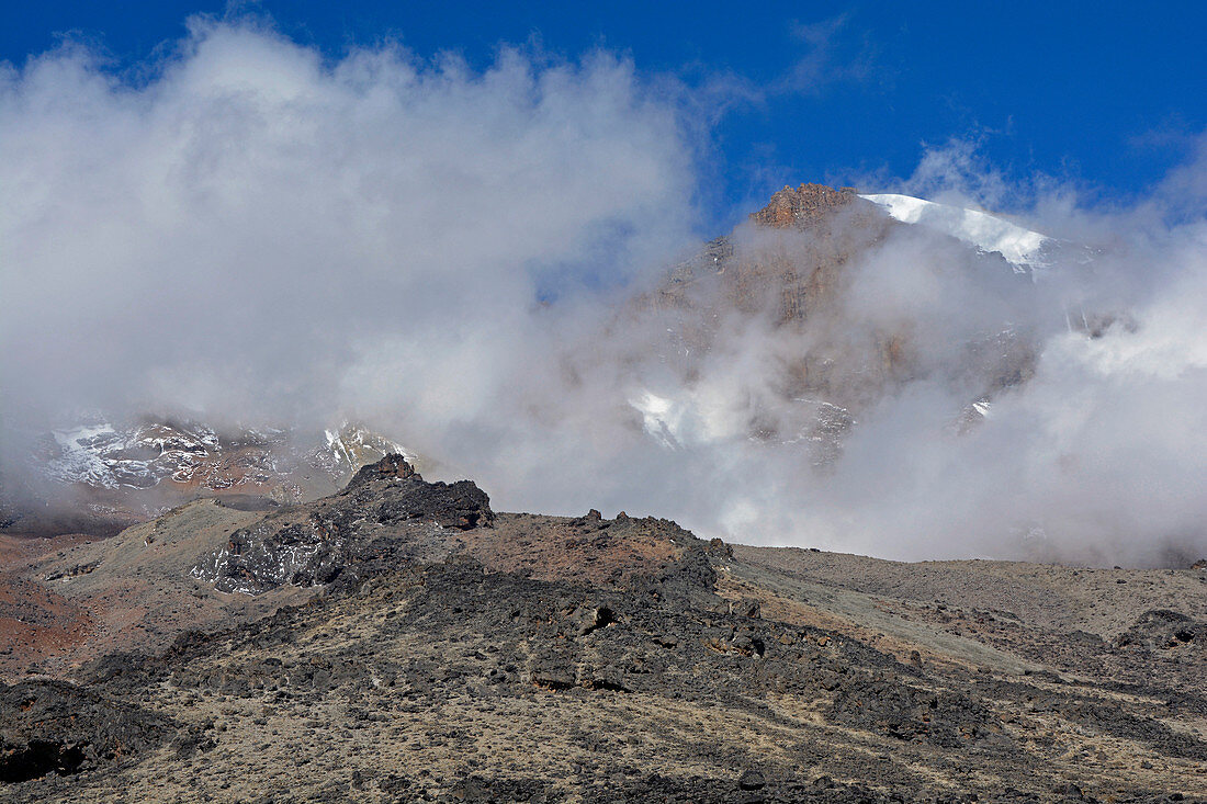 Kilimanjaro, East Africa, view of the summit, third stage, between Shira Camp and Barranco Camp, rising fog, inhospitable landscape without vegetation, lava rock