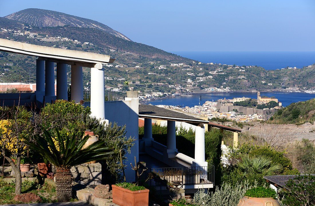 Holiday house by the sea, view of the island's capital, Lipari, Aeolian Islands, southern Italy