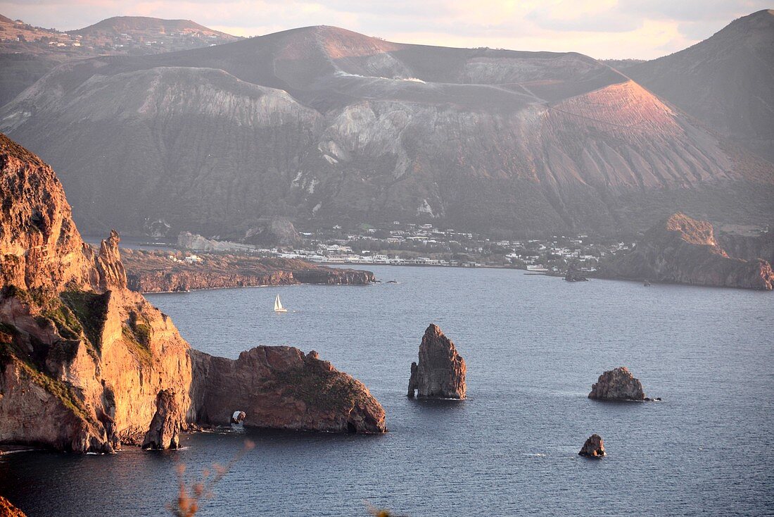 West coast of Lipari with Vulkano island, Aeolian Islands, southern Italy
