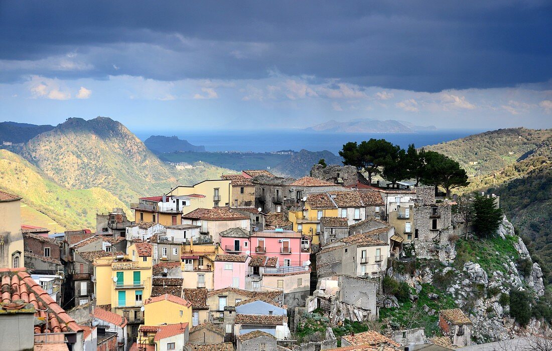 Landscape and small town, sea, colorful houses, Novara di Sicilia, Sicily, Italy