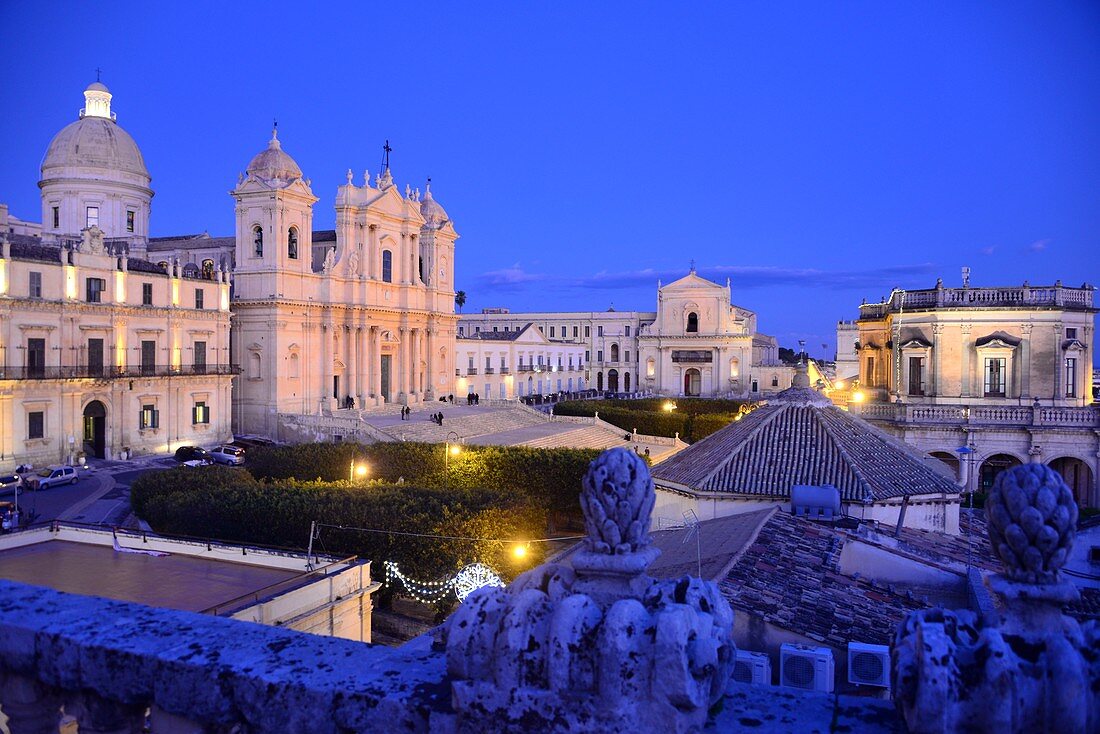 Evening view of Noto Cathedral, east coast, Sicily, Italy