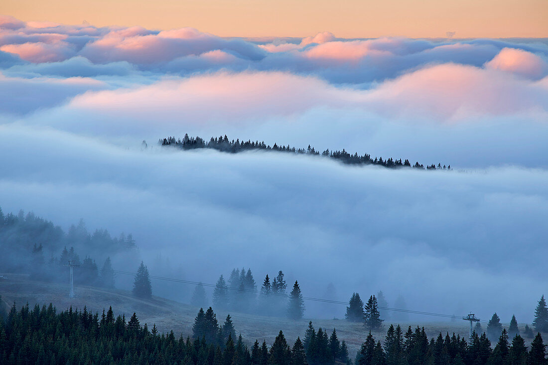 View from the Feldberg into a sea of fog, Southern Black Forest, Black Forest, Baden-Wuerttemberg, Germany, Europe