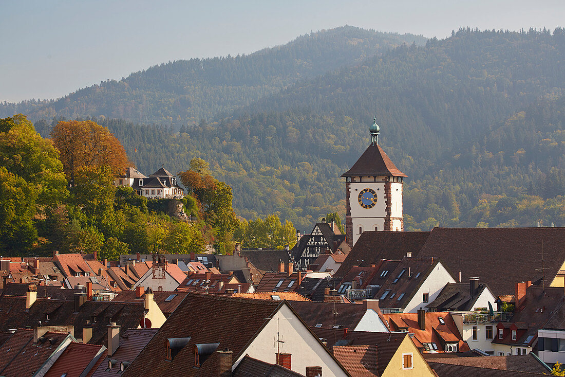 View over the rooftops of Freiburg and the Schwabentor, Freiburg, Breisgau, Southern Black Forest, Black Forest, Baden-Wuerttemberg, Germany, Europe
