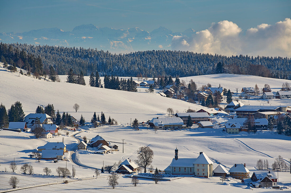 Ibach with Swiss Alps, winter, snow, southern Black Forest, Black Forest, Baden-Wuerttemberg, Germany, Europe