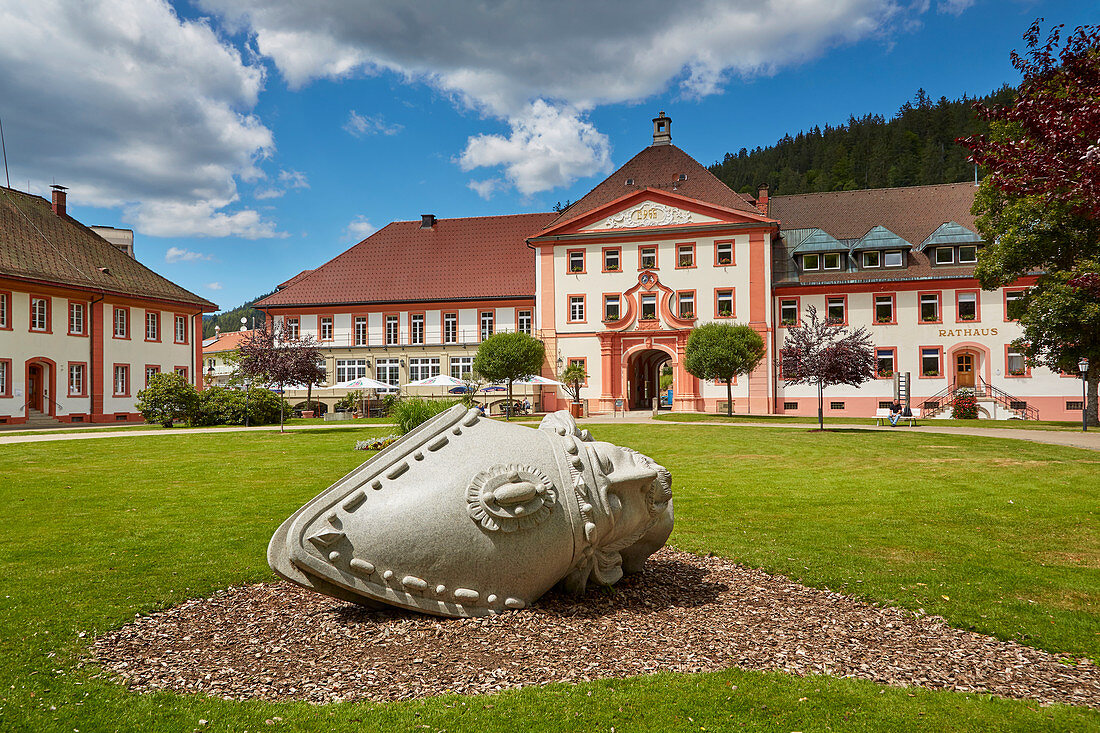 Sculpture of St. Blaise on meadow in front of the town hall, St. Blasien, spring, southern Black Forest, Black Forest, Baden-Wuerttemberg, Germany, Europe