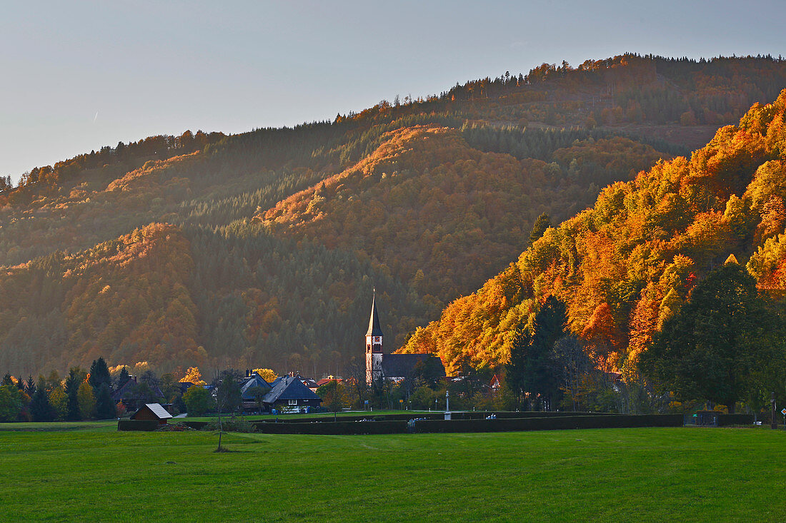 Autumn in Todtnau-Geschwend, sunset, Wiesental, southern Black Forest, Baden-Wuerttemberg, Germany, Europe
