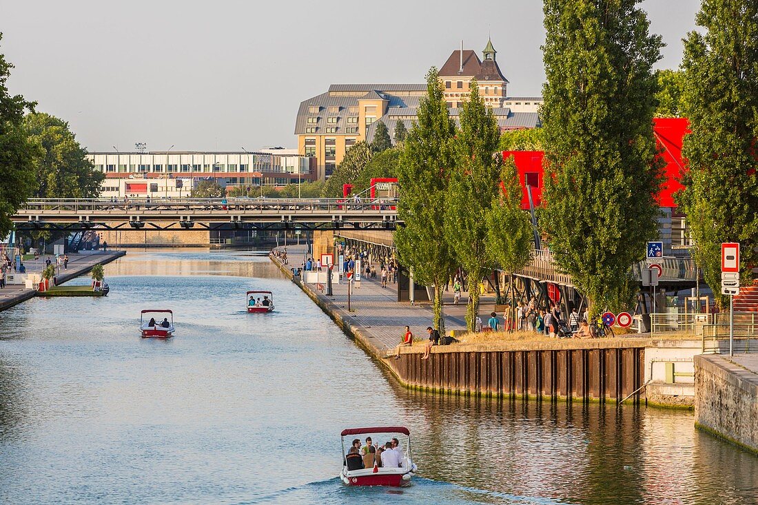 France, Paris, the Parc de la Villette, designed by architect Bernard Tschumi in 1983, the Ourcq canal
