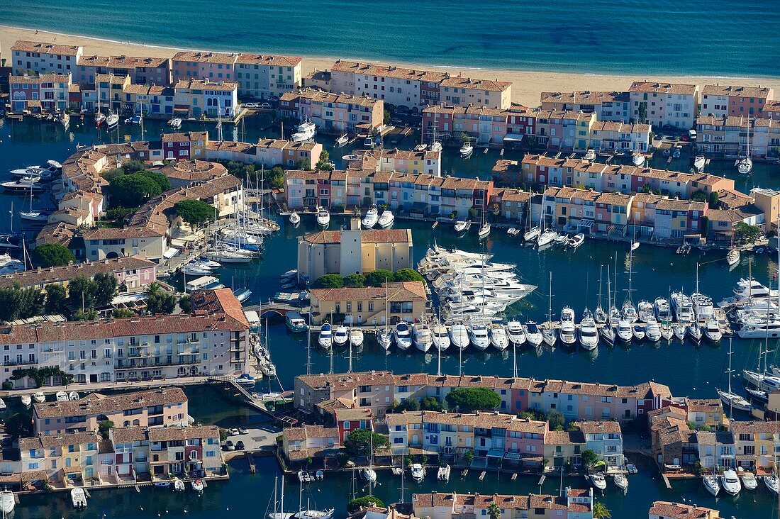 France, Var, Gulf of St Tropez, Port Grimaud seaside town (aerial view)
