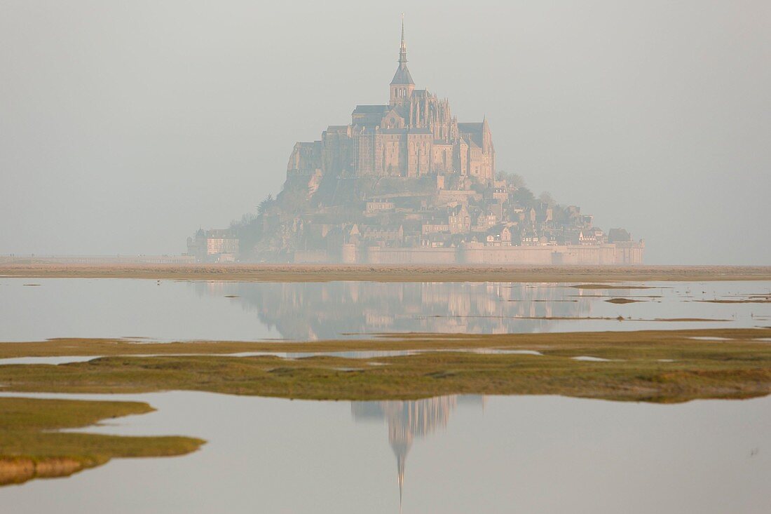 France, Manche, Mont Saint Michel listed as World Heritage by UNESCO, Mont Saint Michel during the high tide of the century from the salted fields