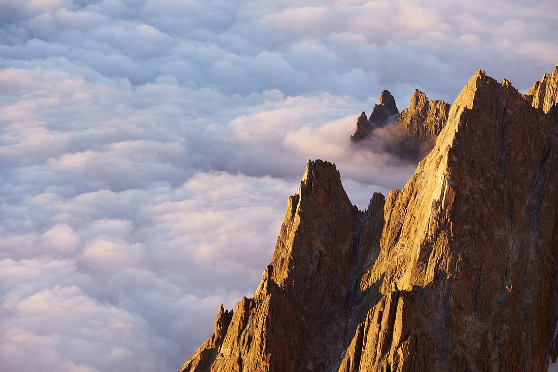 Frankreich, Haute Savoie, Chamonix, die Nadeln von Peigne und Pelerins (3318 m) bei Sonnenuntergang, Mont-Blanc-Massiv