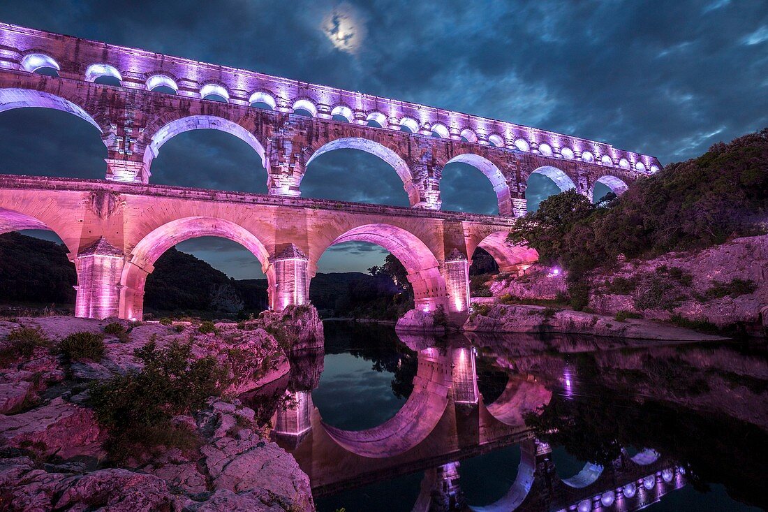 France, Gard, the Pont du Gard listed as World Heritage by UNESCO, Big Site of France, Roman aqueduct from the 1st century which steps over the Gardon, design light Guillaume Sarrouy