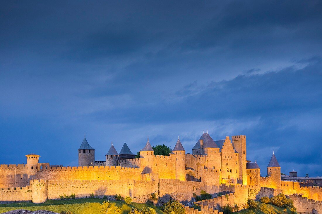 France, Aude, Carcassone, medieval district listed as World Heritage by UNESCO, the ramparts from the Aude western gate