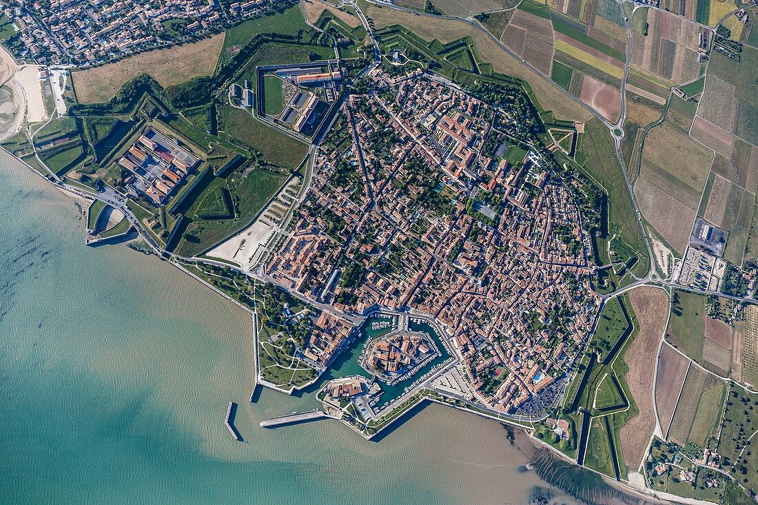 France, Charente Maritime, Saint Martin de Re, listed as World Heritage by UNESCO, the town (aerial view)