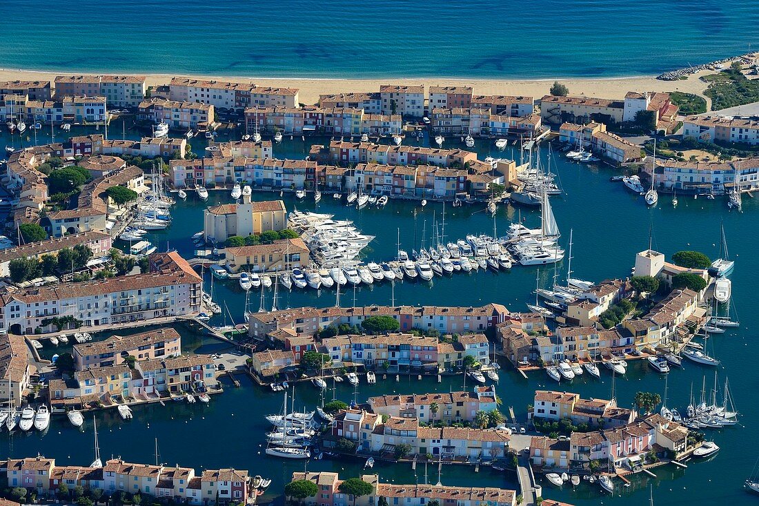 France, Var, Gulf of St Tropez, Port Grimaud seaside town (aerial view)