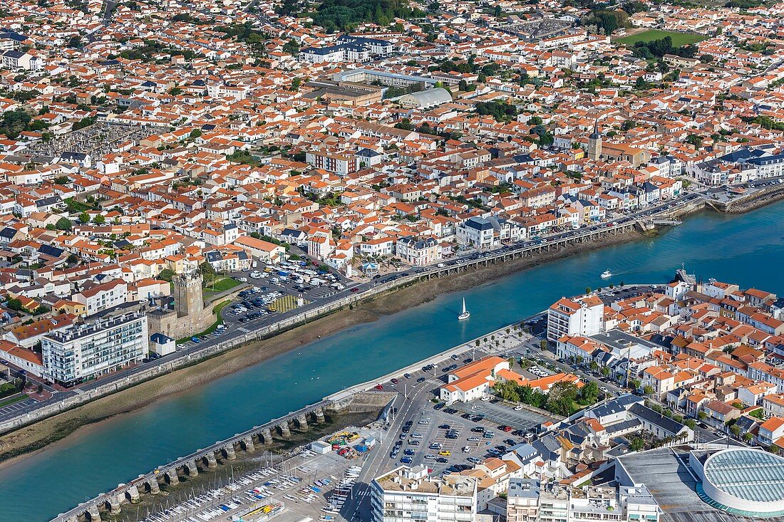 France, Vendee, Les Sables d'Olonne, La Chaume and the chanel (aerial view)