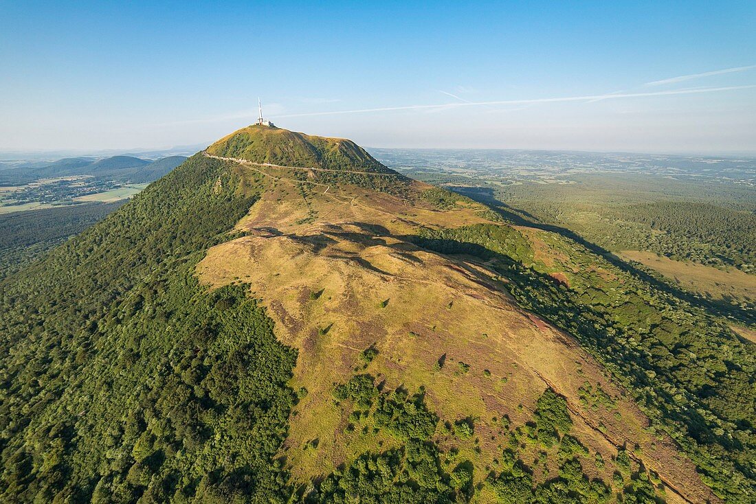 France, Puy de Dome, area listed as World Heritage by UNESCO, Orcines, Chaine des Puys, Regional Natural Park of the Auvergne Volcanoes, the Puy de Dome volcano (aerial view)