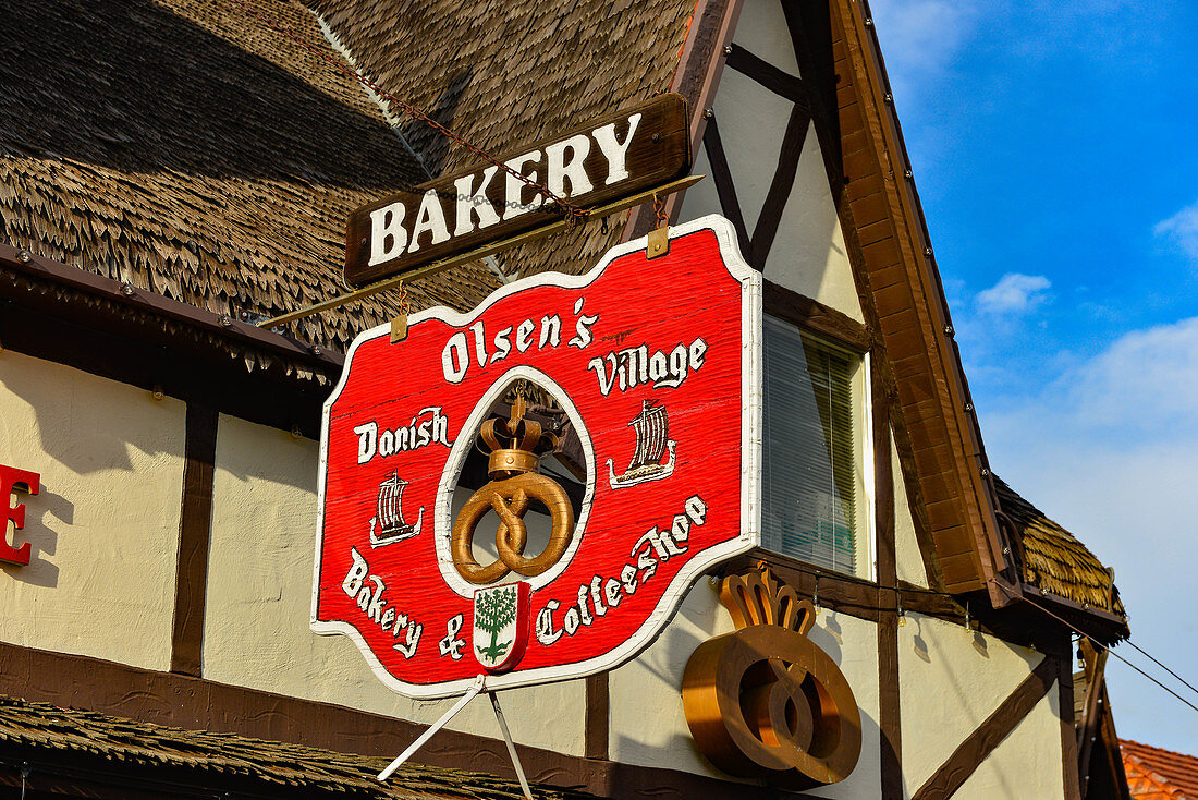 Signboard of Olsen's Bakery Bakery in the village of Solvang, California, USA