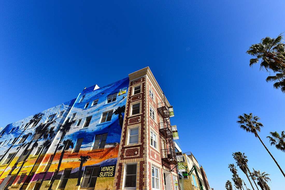 Palm trees and brightly painted facade of the Venice suites, Venice Beach, California, USA
