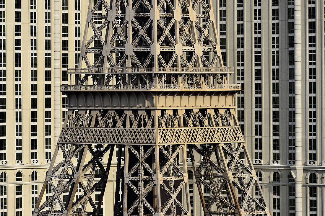 View of the replica of the Eiffel Tower and a hotel complex in Las Vegas, Nevada, USA