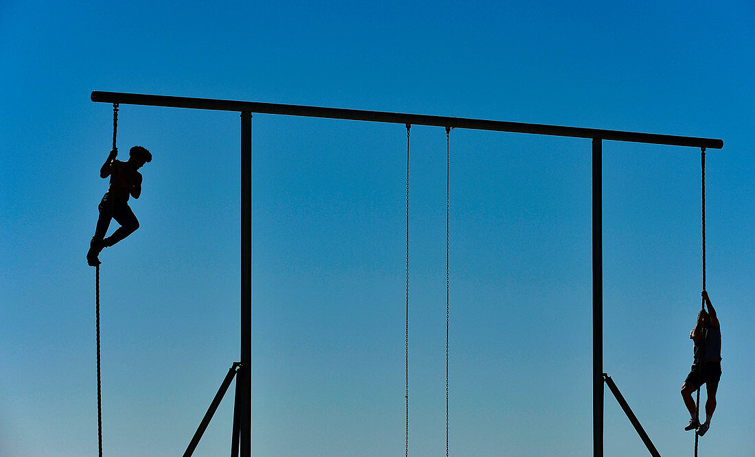 Two men climb a fitness machine, Santa Monica Beach, California, USA