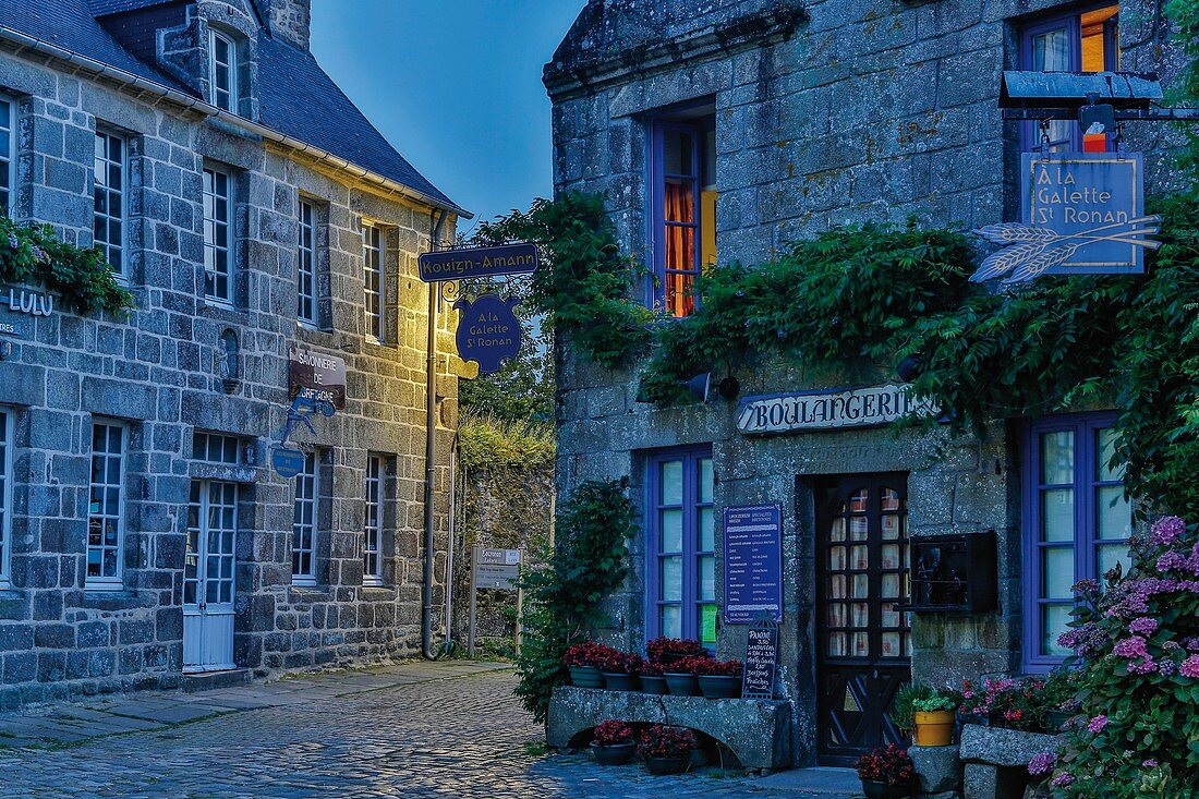 France, Finistere, Locronan, urban landscape of a small traditional Breton village at night