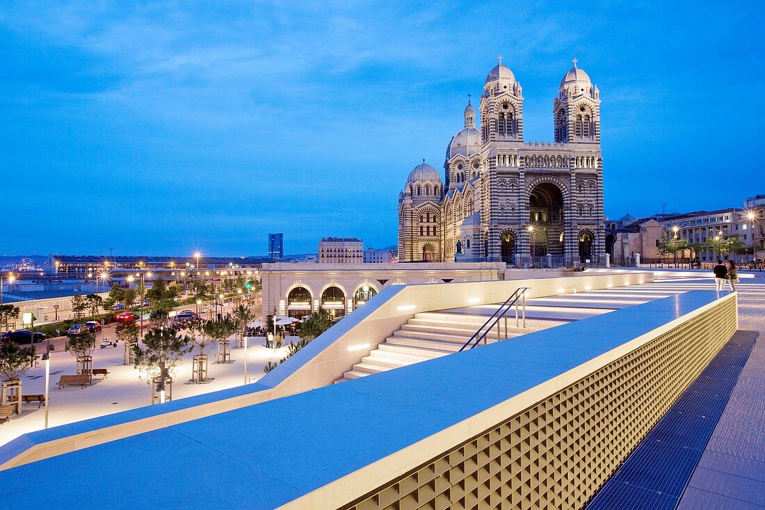 France, Bouches du Rhone, Marseille, Euromediterranee area, La Joliette district Esplanade, The Major and the Cathedral La Major (nineteenth century) historical monument, the CMA CGM tower, architect Zaha Hadid in the background