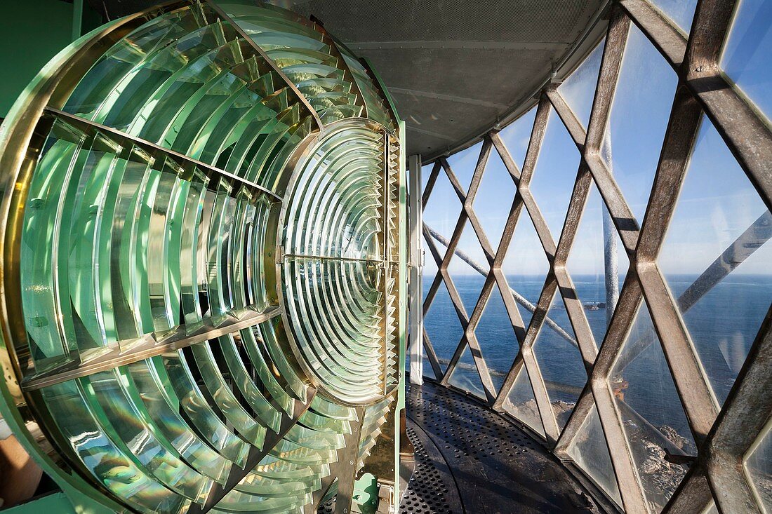 France, Finistere, Ouessantt, Armoric Natural Regional Park, Ponant island, The huge Fresnel lens of the Creac'h lighthouse, Historical monument classified