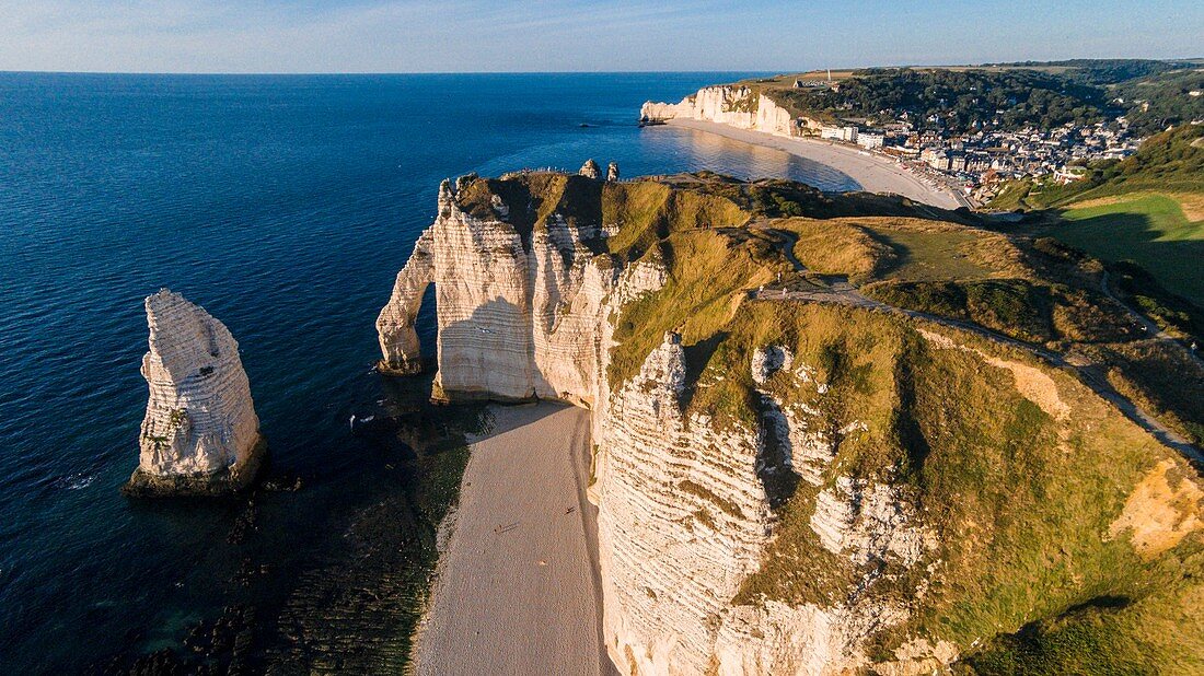 France, Seine Maritime, Caux, Alabaster Coast, Etretat, the Aval cliff, the Arch and the Aiguille (Needle) d'Aval (aerial view)