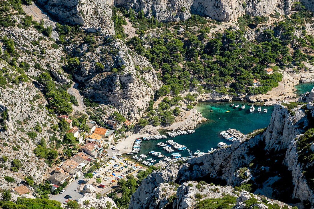 France, Bouches du Rhone, Marseille, the Calanques National Park, the cove Morgiou (aerial view)