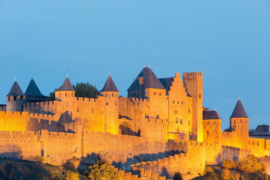 France, Aude, Pays Cathare, Carcassone, medieval district listed as World Heritage by UNESCO, the ramparts from the Aude western gate