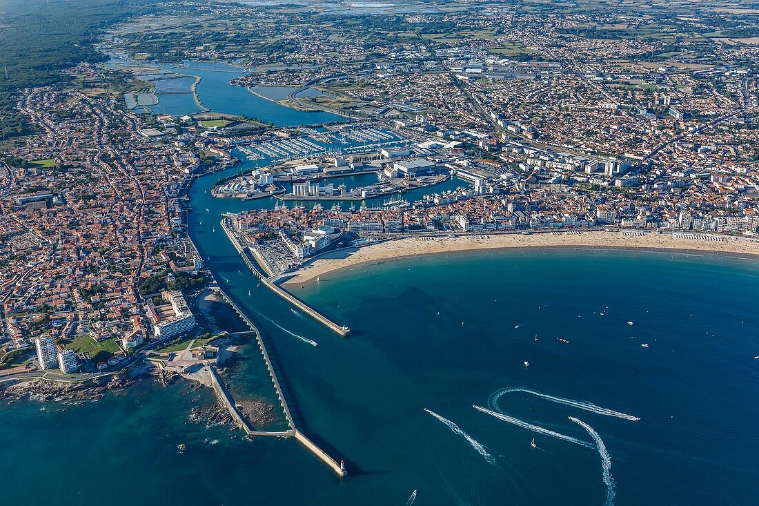 France, Vendee, Les Sables d'Olonne, the channel and the bay (aerial view)